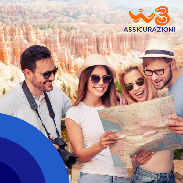 Immagine amici in vacanza che consultano la mappa - Offerta Assicurazioni Viaggio Mondo - WINDTRE